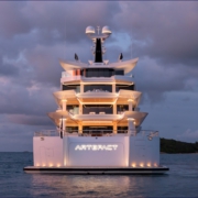 lit up yacht sign at sea