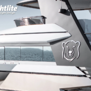 Close up of a superyacht sign that is a bear.