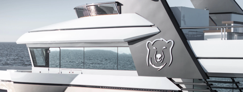 Close up of a superyacht sign that is a bear.