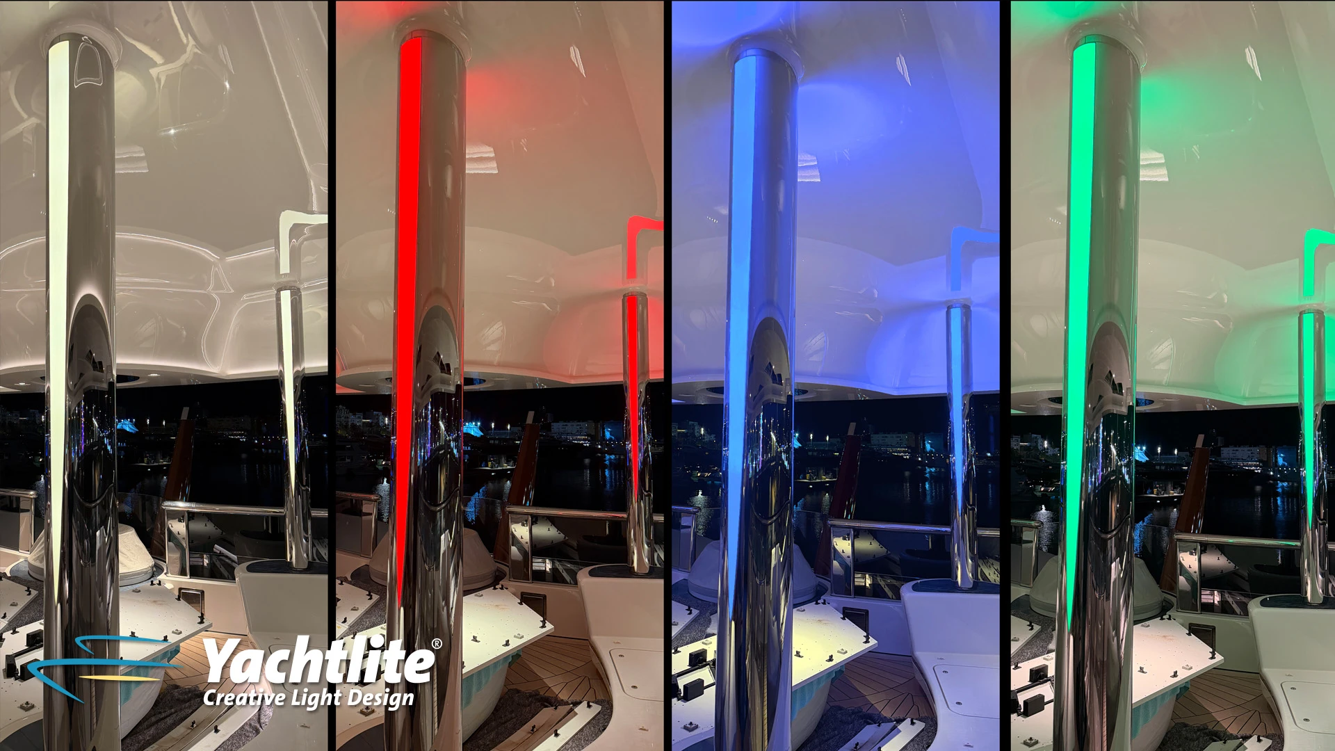 Four side-by-side nighttime views of a yacht interior featuring Yachtlite FormLite illuminated pillars in different LED colours: warm white, red, blue, and green.