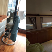 Before and after comparison of a luxury yacht bar transformed with Roomlite, showing the original grey bar front replaced by backlit onyx fronts.