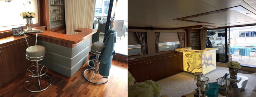 Before and after comparison of a luxury yacht bar transformed with Roomlite, showing the original grey bar front replaced by backlit onyx fronts.