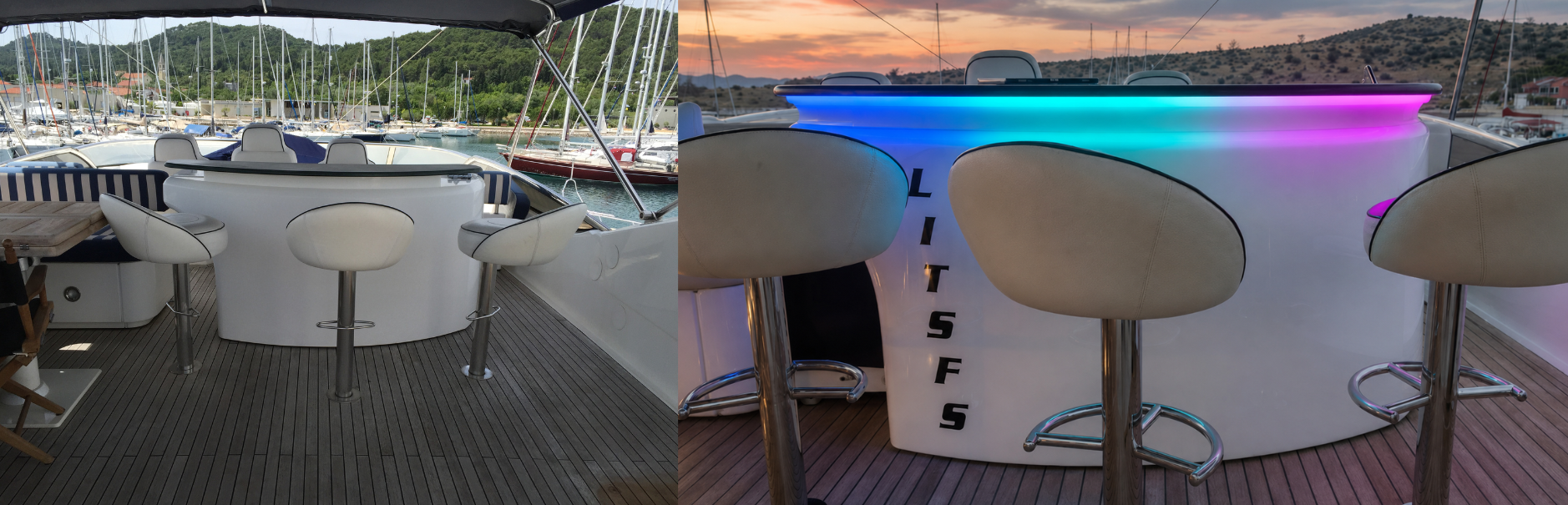 Before and after comparison of a luxury yacht flybridge bar upgraded with Roomlite, adding integrated RGB LED lighting to create a striking illuminated bar feature for evening entertaining.