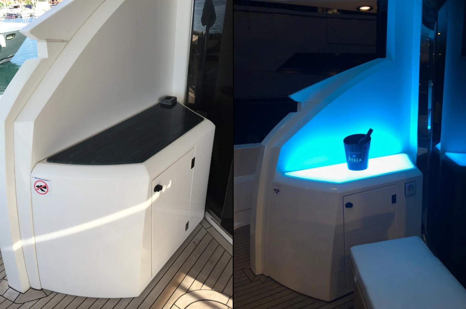 Before and after comparison of a luxury yacht exterior cabinet upgraded with Roomlite, transforming a standard storage unit into an illuminated feature with integrated blue LED backlighting.