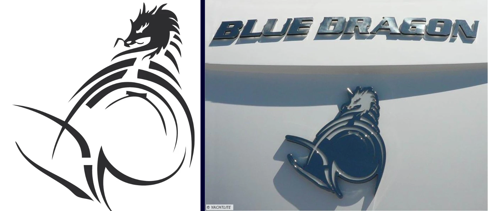 Comparison of Blue Dragon logo artwork and finished polished metal emblem installed on a luxury yacht hull.