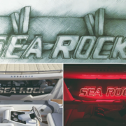 Concept sketch above completed SEA ROCK boat logo by day and illuminated red LED version at night on the vessel.