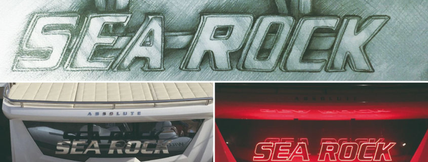 Concept sketch above completed SEA ROCK boat logo by day and illuminated red LED version at night on the vessel.