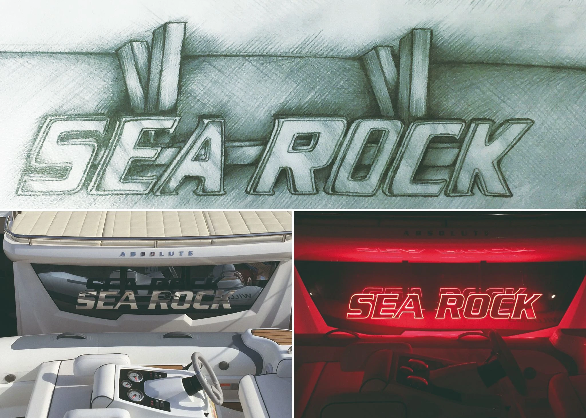 Concept sketch above completed SEA ROCK boat logo by day and illuminated red LED version at night on the vessel.